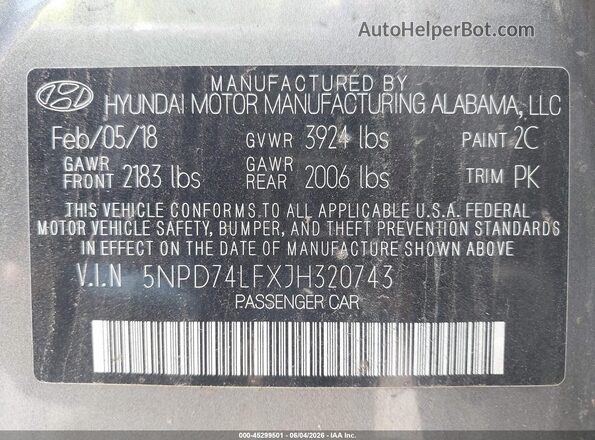 5NPD74LFXJH320743 2018 HYUNDAI ELANTRA Gray Շարժիչի բաժամունքի տեսք