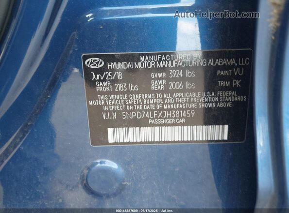 5NPD74LFXJH381459 2018 HYUNDAI ELANTRA Blue Widok komory silnika