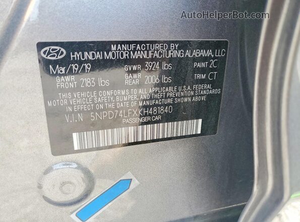 5NPD74LFXKH481840 2019 HYUNDAI ELANTRA Charcoal Շարժիչի բաժամունքի տեսք