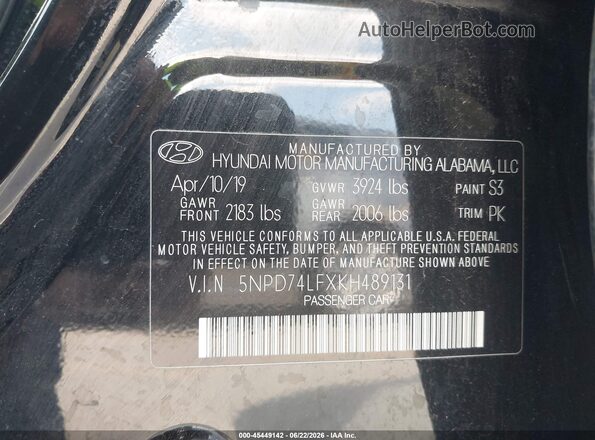 5NPD74LFXKH489131 2019 HYUNDAI ELANTRA Black Շարժիչի բաժամունքի տեսք