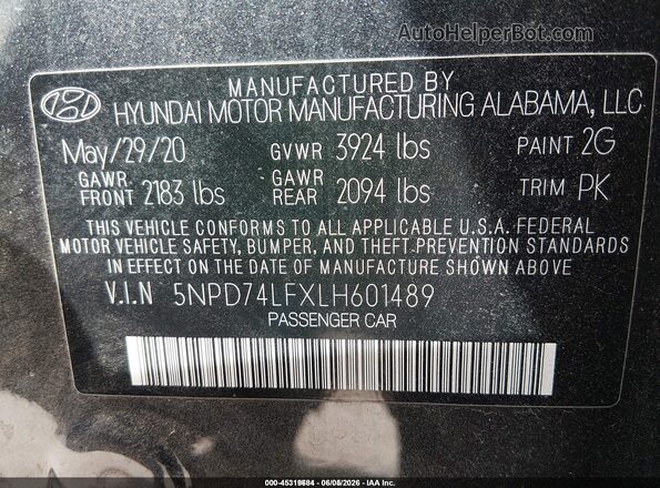 5NPD74LFXLH601489 2020 HYUNDAI ELANTRA Gray 
