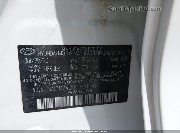 5NPD74LFXLH611245 2020 HYUNDAI ELANTRA White 
