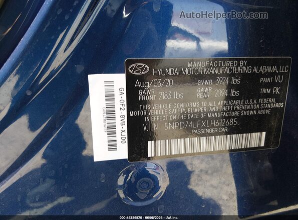 5NPD74LFXLH612685 2020 HYUNDAI ELANTRA Blue Vista del compartimento del motor