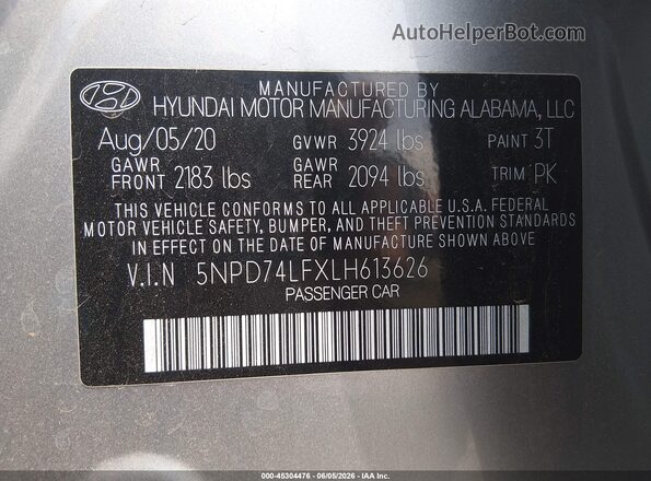5NPD74LFXLH613626 2020 HYUNDAI ELANTRA Silver Vista del compartimento del motor