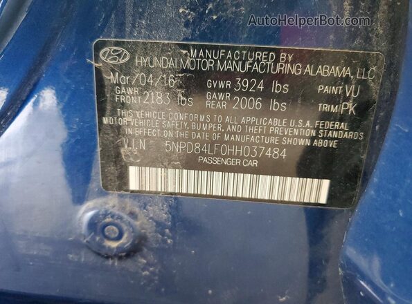 5NPD84LF0HH037484 2017 HYUNDAI ELANTRA Синий Вид подкапотного пространства