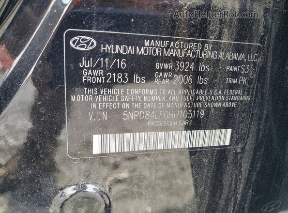 5NPD84LF0HH105119 2017 HYUNDAI ELANTRA Black Widok naklejki z numerem VIN