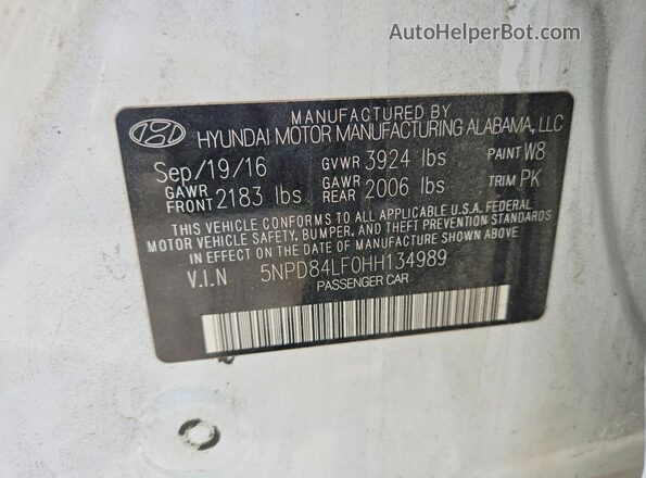 5NPD84LF0HH134989 2017 HYUNDAI ELANTRA White VIN კოდის სტიკერის ხედი