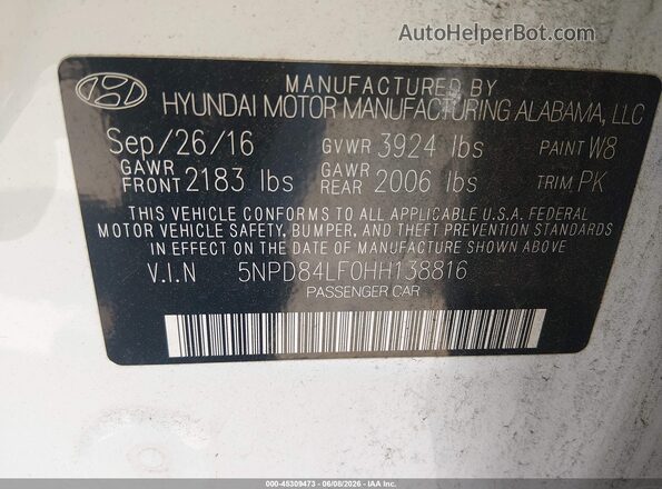 5NPD84LF0HH138816 2017 HYUNDAI ELANTRA White Engine compartment view