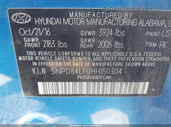 5NPD84LF0HH150304 2017 HYUNDAI ELANTRA Blue Engine compartment view