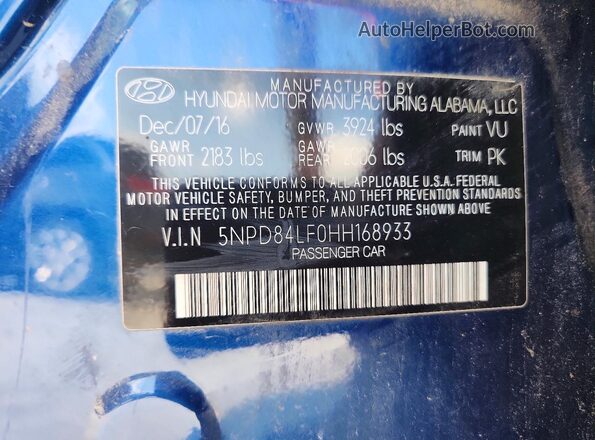 5NPD84LF0HH168933 2017 HYUNDAI ELANTRA Blue Вид підкапотного простору