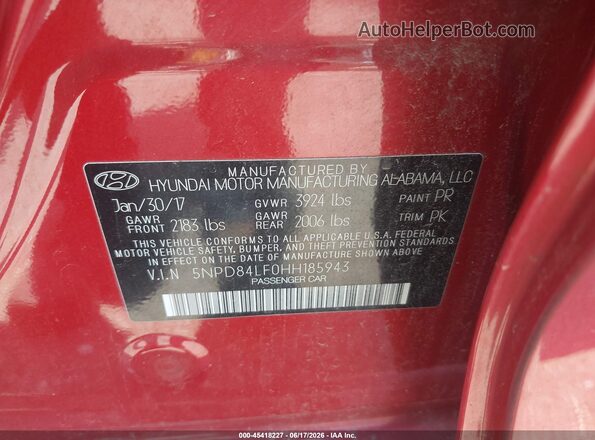 5NPD84LF0HH185943 2017 HYUNDAI ELANTRA Red Widok komory silnika