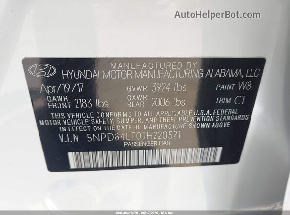 5NPD84LF0JH220521 2018 HYUNDAI ELANTRA White 