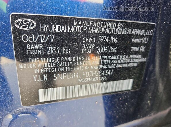 5NPD84LF0JH284347 2018 HYUNDAI ELANTRA Blue ძრავის განყოფილების ხედი