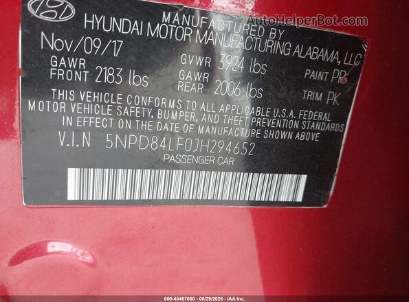 5NPD84LF0JH294652 2018 HYUNDAI ELANTRA Red Vista del compartimento del motor
