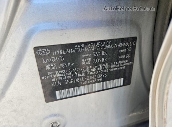 5NPD84LF0JH310896 2018 HYUNDAI ELANTRA Silver VIN კოდის სტიკერის ხედი