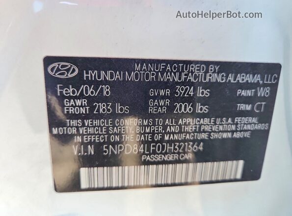 5NPD84LF0JH321364 2018 HYUNDAI ELANTRA White 