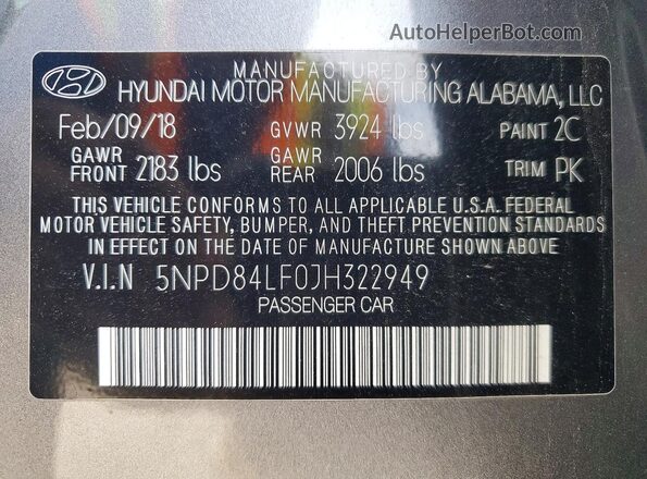 5NPD84LF0JH322949 2018 HYUNDAI ELANTRA Серый Вид наклейки с VIN-кодом