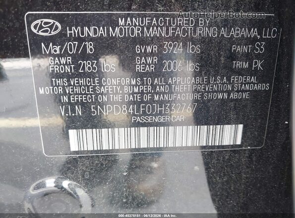 5NPD84LF0JH332767 2018 HYUNDAI ELANTRA Черный Вид подкапотного пространства