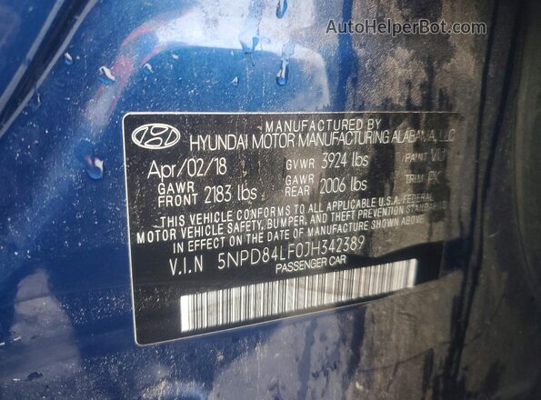5NPD84LF0JH342389 2018 HYUNDAI ELANTRA Синий Вид подкапотного пространства