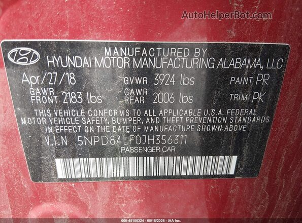 5NPD84LF0JH356311 2018 HYUNDAI ELANTRA Красный 