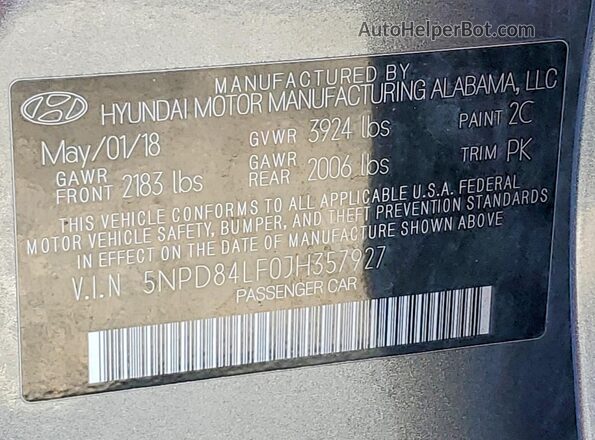 5NPD84LF0JH357927 2018 HYUNDAI ELANTRA Charcoal 
