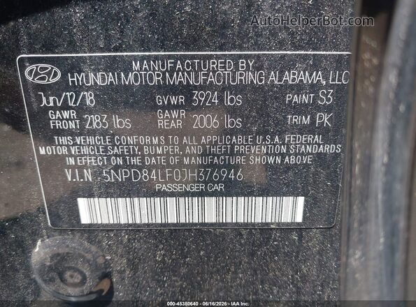 5NPD84LF0JH376946 2018 HYUNDAI ELANTRA Black Вид підкапотного простору