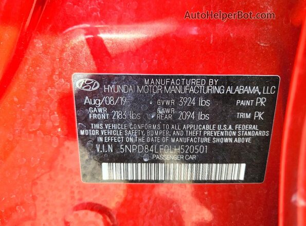 5NPD84LF0LH520501 2020 HYUNDAI ELANTRA Red Vista del compartimento del motor