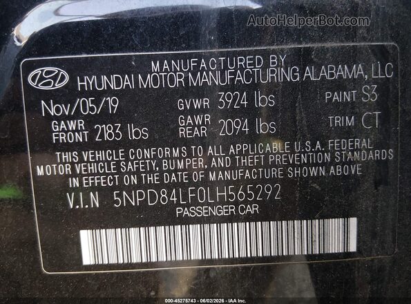 5NPD84LF0LH565292 2020 HYUNDAI ELANTRA Black Շարժիչի բաժամունքի տեսք
