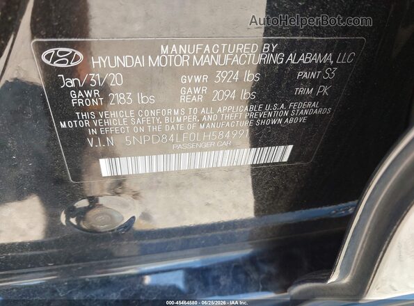 5NPD84LF0LH584991 2020 HYUNDAI ELANTRA Black Vista del compartimento del motor