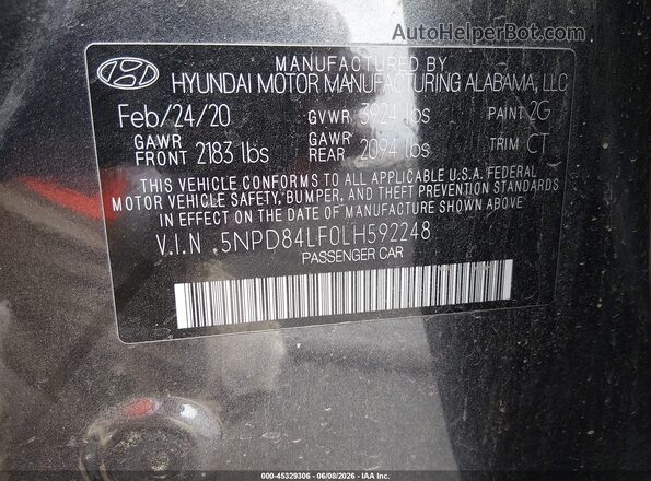 5NPD84LF0LH592248 2020 HYUNDAI ELANTRA Black Widok komory silnika