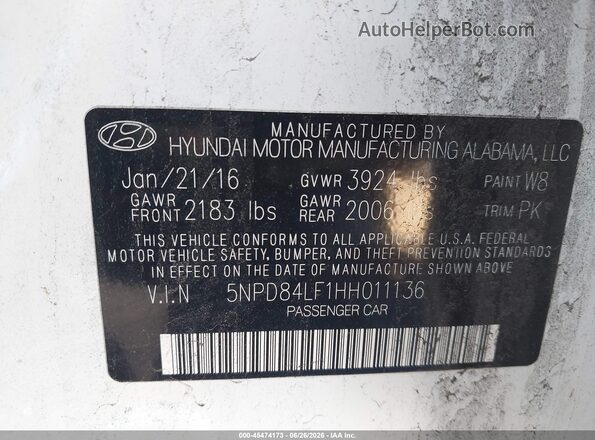 5NPD84LF1HH011136 2017 HYUNDAI ELANTRA White Շարժիչի բաժամունքի տեսք