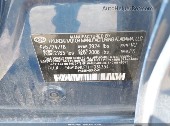 5NPD84LF1HH031354 2017 HYUNDAI ELANTRA Blue Вид підкапотного простору