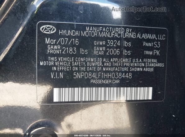 5NPD84LF1HH038448 2017 HYUNDAI ELANTRA Черный Вид подкапотного пространства