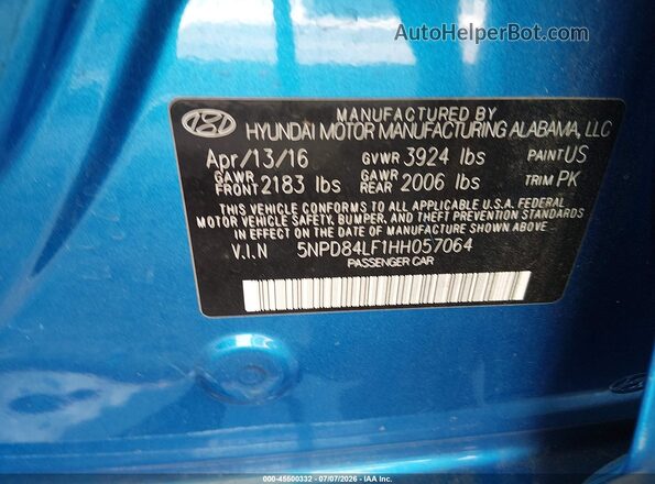 5NPD84LF1HH057064 2017 HYUNDAI ELANTRA Blue Вид підкапотного простору