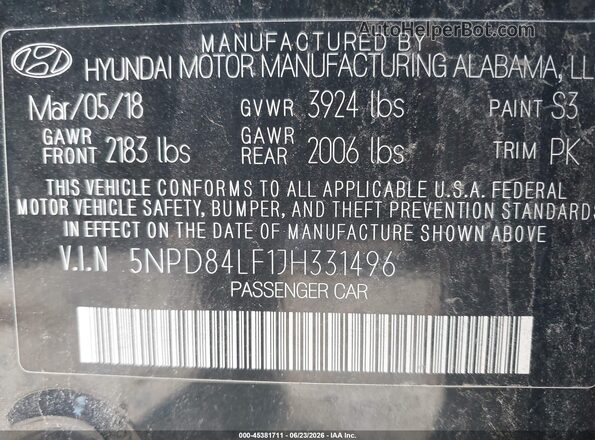 5NPD84LF1JH331496 2018 HYUNDAI ELANTRA Black Շարժիչի բաժամունքի տեսք