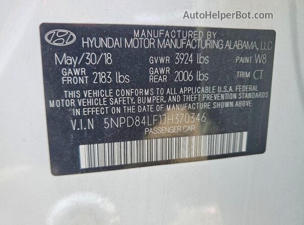 5NPD84LF1JH370346 2018 HYUNDAI ELANTRA Белый 
