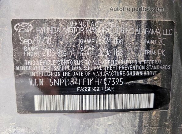 5NPD84LF1KH407395 2019 HYUNDAI ELANTRA Gray VIN კოდის სტიკერის ხედი