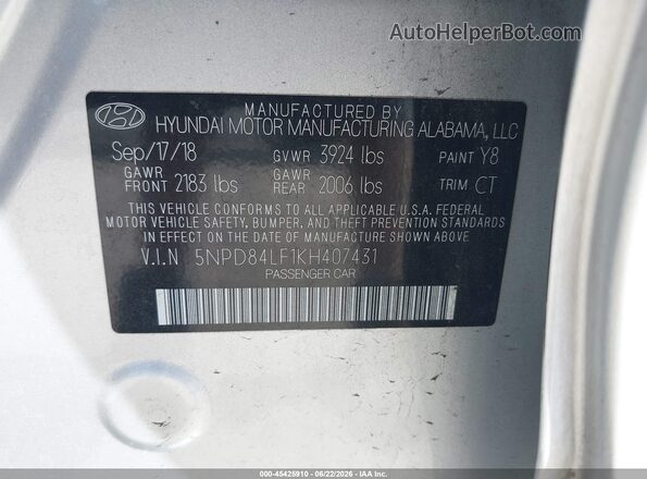 5NPD84LF1KH407431 2019 HYUNDAI ELANTRA Silver Vista del compartimento del motor