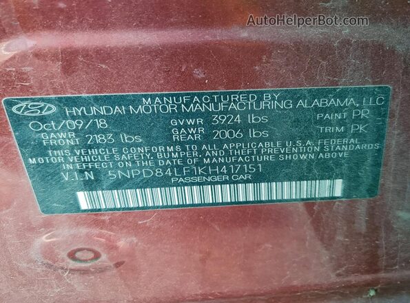 5NPD84LF1KH417151 2019 HYUNDAI ELANTRA Burgundy Շարժիչի բաժամունքի տեսք