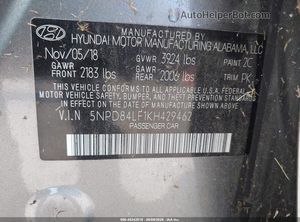 5NPD84LF1KH429462 2019 HYUNDAI ELANTRA Gray 