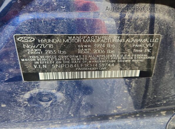 5NPD84LF1KH438744 2019 HYUNDAI ELANTRA Blue ძრავის განყოფილების ხედი