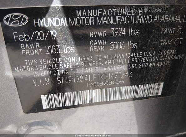 5NPD84LF1KH471243 2019 HYUNDAI ELANTRA Gray ძრავის განყოფილების ხედი