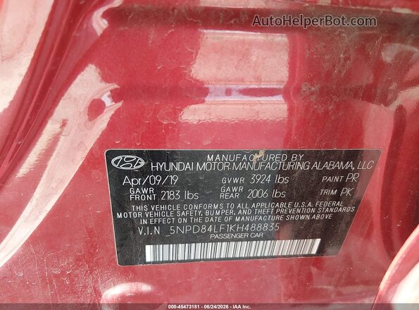 5NPD84LF1KH488835 2019 HYUNDAI ELANTRA Red Вид підкапотного простору