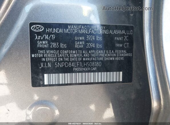 5NPD84LF1LH508180 2020 HYUNDAI ELANTRA Gray Շարժիչի բաժամունքի տեսք