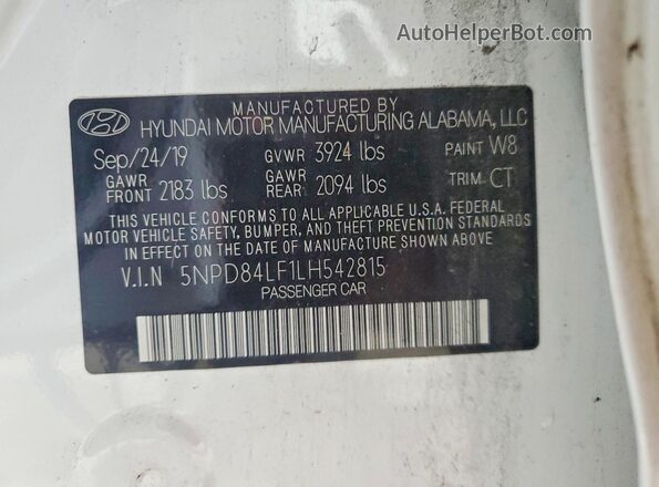 5NPD84LF1LH542815 2020 HYUNDAI ELANTRA White Vista del compartimento del motor