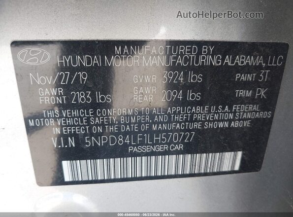 5NPD84LF1LH570727 2020 HYUNDAI ELANTRA Silver Widok komory silnika