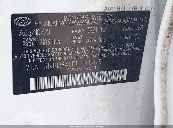 5NPD84LF1LH615195 2020 HYUNDAI ELANTRA White Engine compartment view
