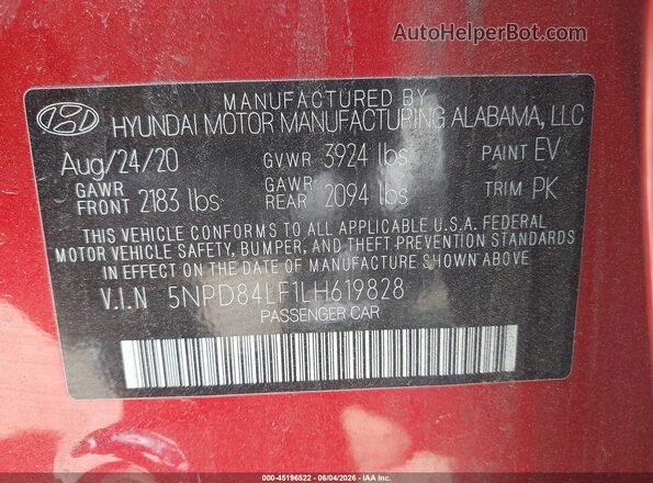 5NPD84LF1LH619828 2020 HYUNDAI ELANTRA Red Widok komory silnika