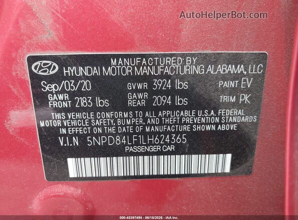5NPD84LF1LH624365 2020 HYUNDAI ELANTRA Красный Вид подкапотного пространства