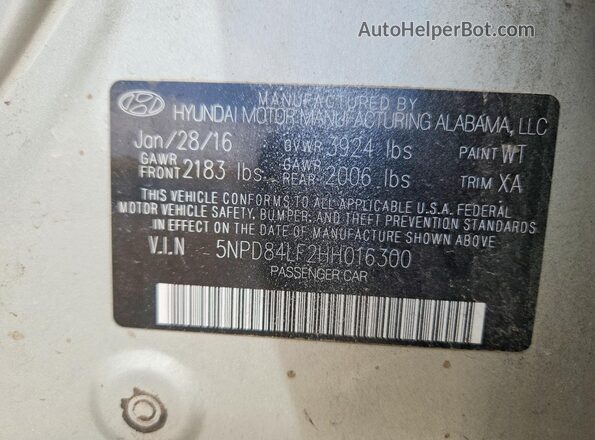 5NPD84LF2HH016300 2017 HYUNDAI ELANTRA Зеленый Вид наклейки с VIN-кодом